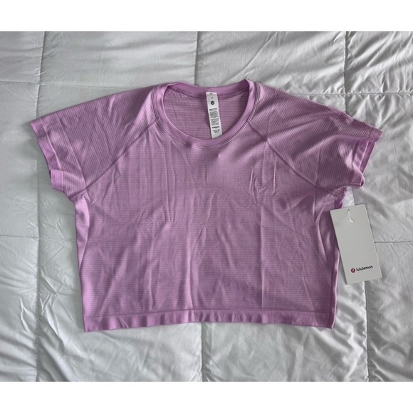 New Lululemon Women Size 12 Swiftly Tech Cropped Short Sleeve 2.0 Vita Pink - Picture 1 of 9